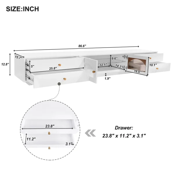 Homiyad Luxurious TV Stand with Fluted Glass Doors, Elegant and Functional Media Console for TV s Up to 90'', Tempered Glass Shelf TV Cabinet with Multiple Storage Options, White - Image 7
