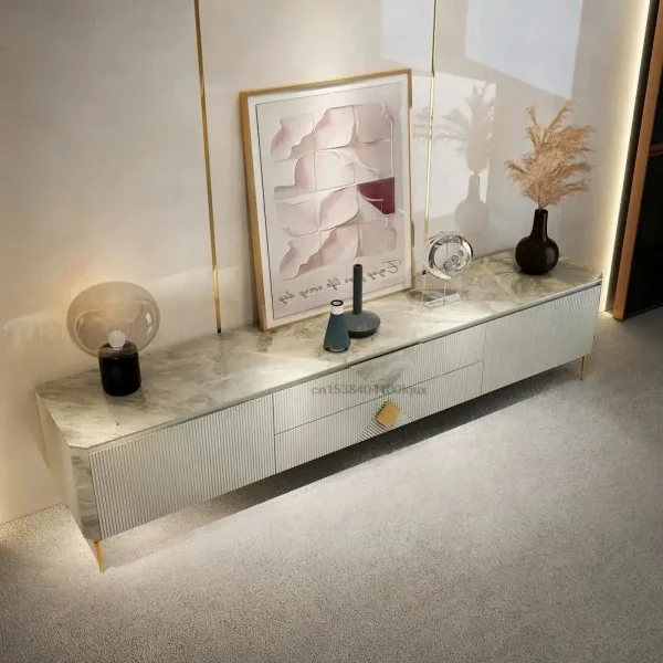 Italian Style Minimalist Floor Cabinet For Living Room Furniture Light Luxury Glossy Gray Rock Slab Top Design 1.8m Tv Stands - Image 3