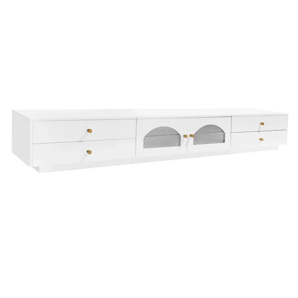 Homiyad Luxurious TV Stand with Fluted Glass Doors, Elegant and Functional Media Console for TV s Up to 90'', Tempered Glass Shelf TV Cabinet with Multiple Storage Options, White - Image 8