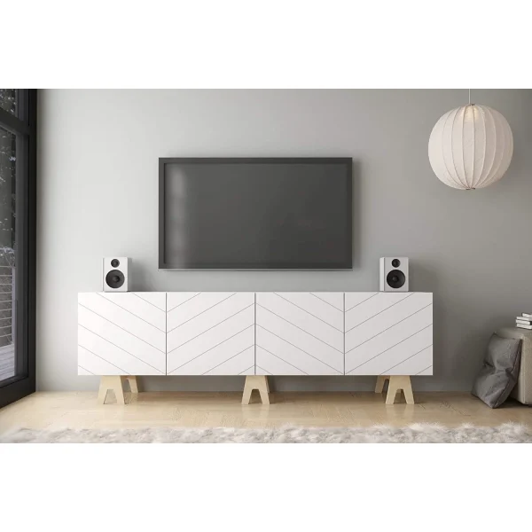 Homestock African Artistry 119272 Runway TV Stand, 72-inch, White and Birch Plywood - Image 2
