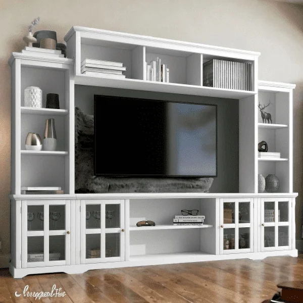 Minimalism Style Entertainment Wall Unit with Bridge, Modern TV Console Table for TVs Up to 70", Multifunctional TV Stand with Tempered Glass Door (White) - Image 3