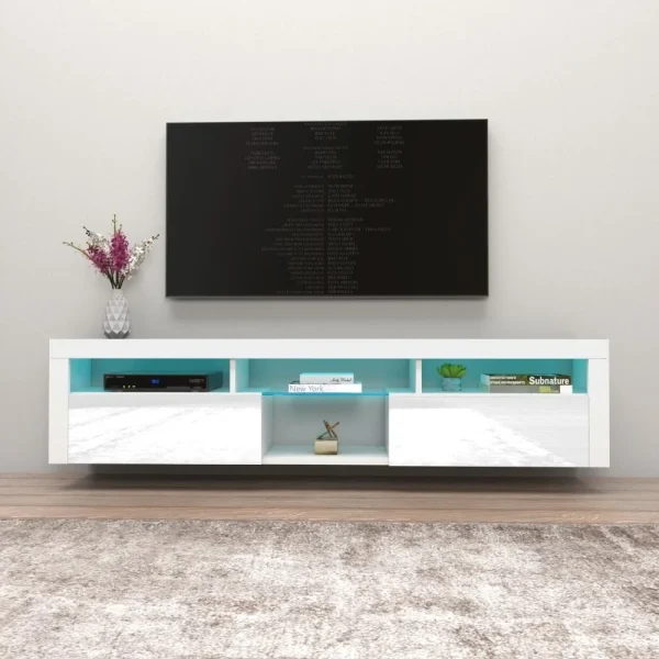 Meble Furniture & Rugs Bari 200 Wall Mounted Floating 79"TV Stand with 16 Color LEDs White - Image 5